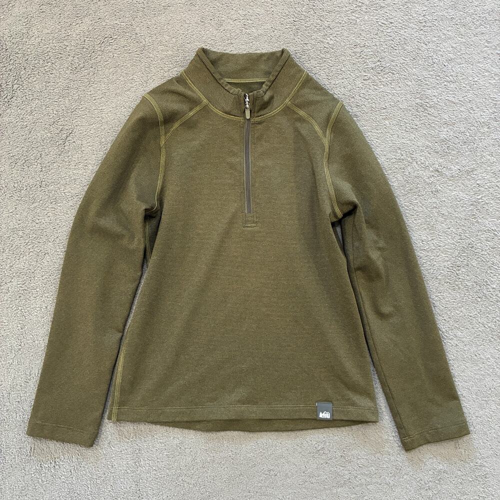 REI Co-op Olive Green Midweight Quarter Zip Striped Thermal Pullover Youth Sz XS